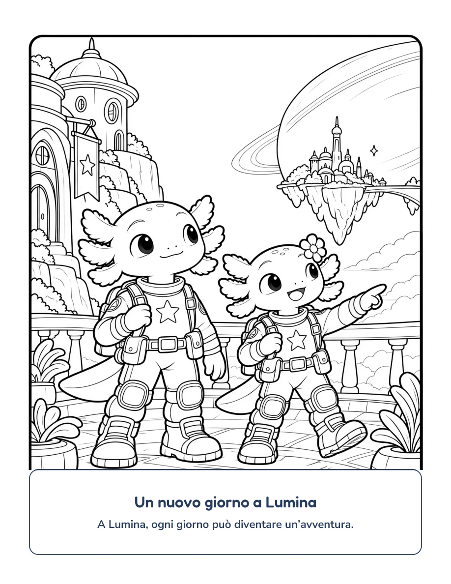 Nori e Mip osservano Lumina in una pagina italiana da colorare